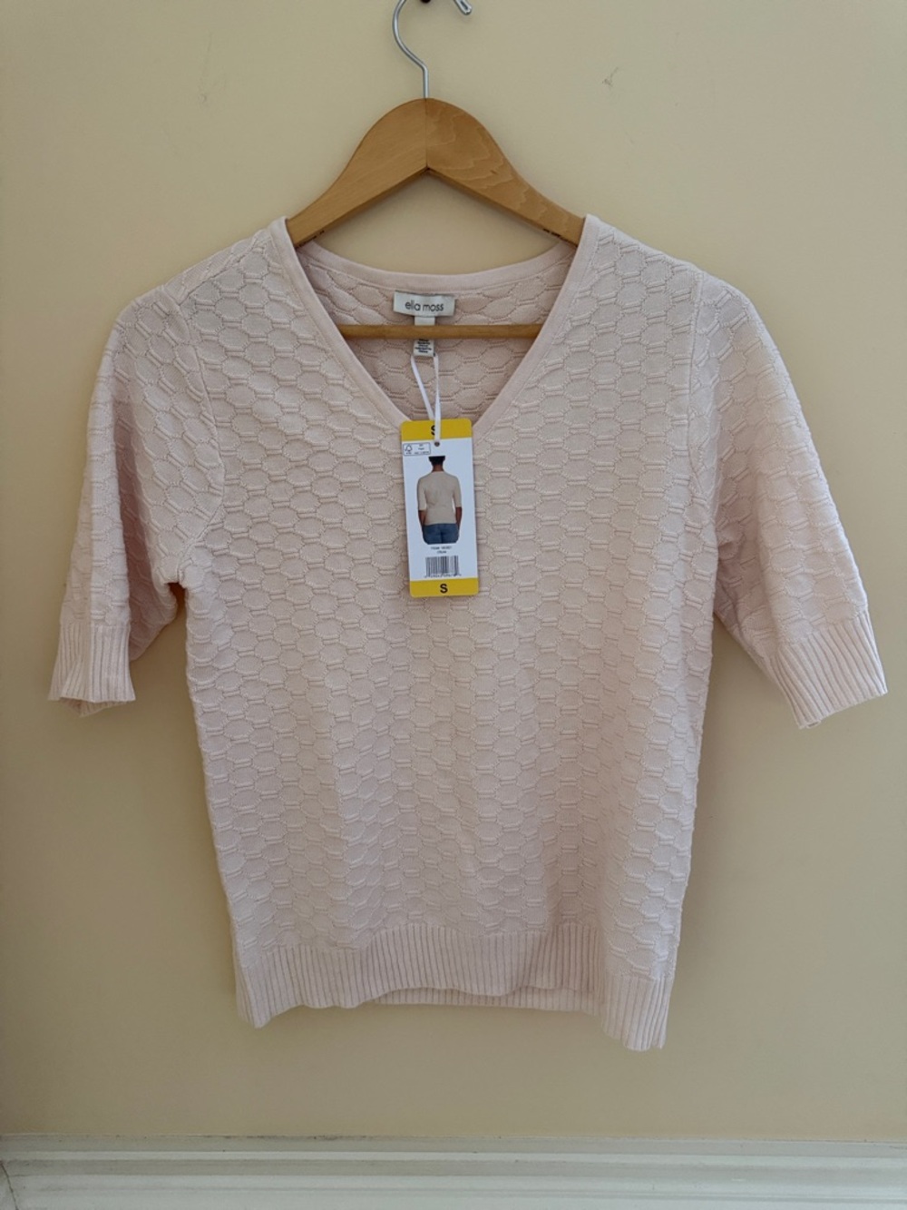 Ella Moss Pale Pink Textured V-Neck Short Sleeve Sweater sz small